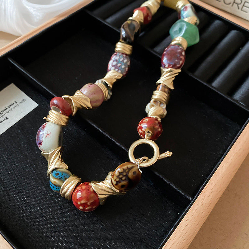 Ethnic style ceramic flower necklace, vintage collarbone chain