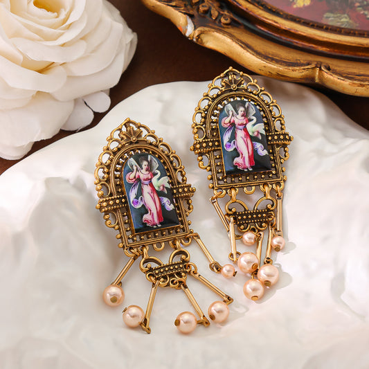 Antique palace style imitation pearl necklace with tassel earrings, replicated ethnic style earrings