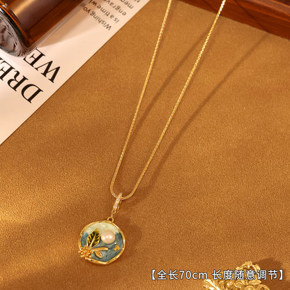 New Monet Garden Natural Pearl Oil Painting Necklace Light Luxury Retro Plated 18K Gold Clothing Chain