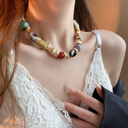 Ethnic style ceramic flower necklace, vintage collarbone chain
