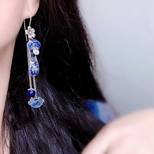 2025 Hanfu Cotton and Hemp Accessories Enamel Silver Ruyi Earrings Long Style Lapis lazuli