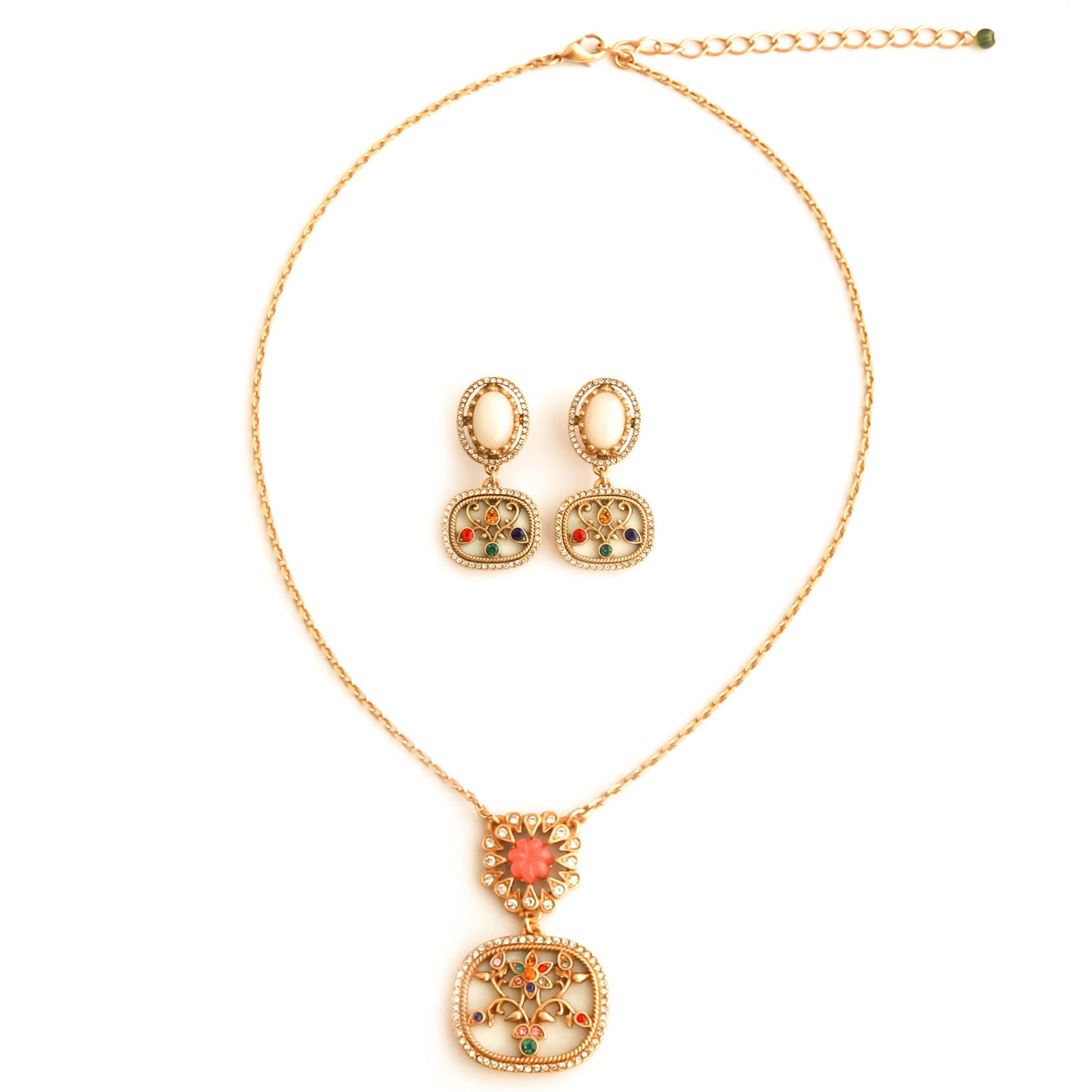 Vintage niche floral zircon jewelry, O-chain necklace, silver needle earrings, earrings