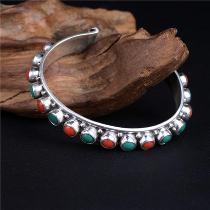 bracelet  Sterling silver inlaid with natural turquoise Nepalese Tibetan jewelry ethnic style