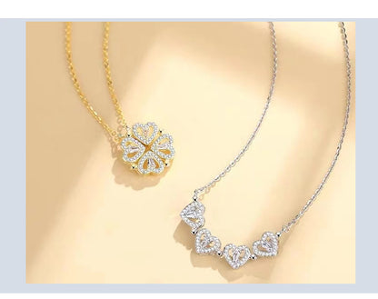 S925 pure silver heart-shaped clover necklace with flowers full of diamonds, light luxury style collarbone chain, a two piece jewelry