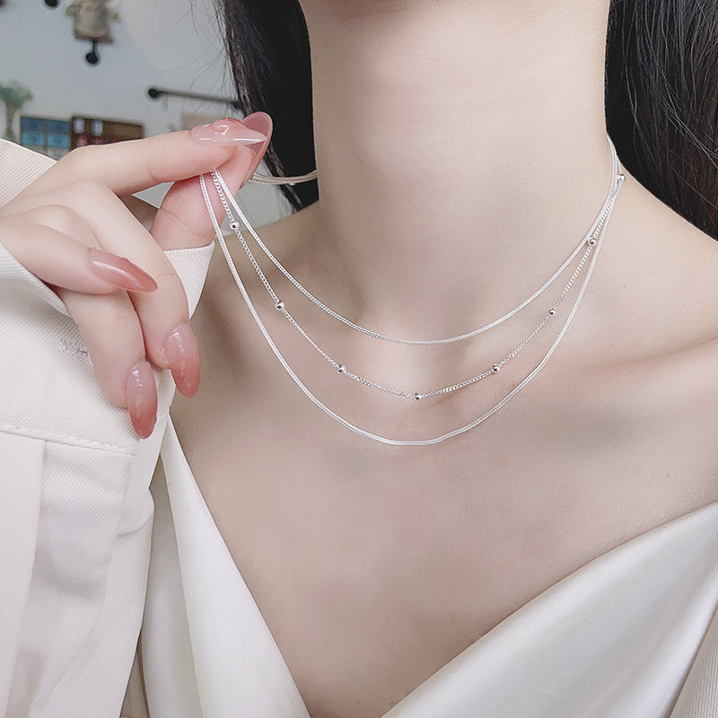 S925 pure silver geometric spherical fine chain multi-layer necklace with personalized European and American punk style street fashion collarbone chain