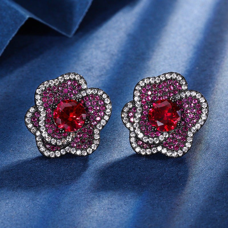 earrings  New jewelry gold-plated copper base simulated red corundum flower black gold set