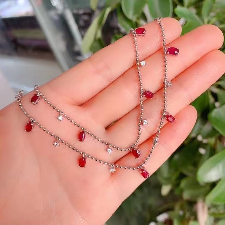 S925 pure silver inlaid with natural ruby bracelet, simple and fashionable # Caibao Jewelry