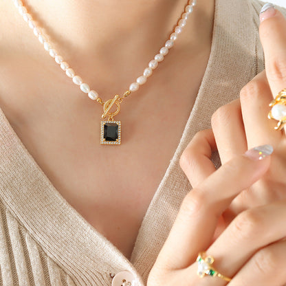 French freshwater pearl collarbone chain zircon starry square pendant necklace versatile titanium steel jewelry