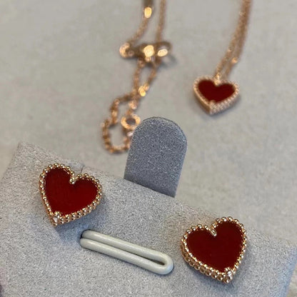 High version V gold small heart necklace for women, thick plated 18k rose gold heart-shaped red agate collarbone chain