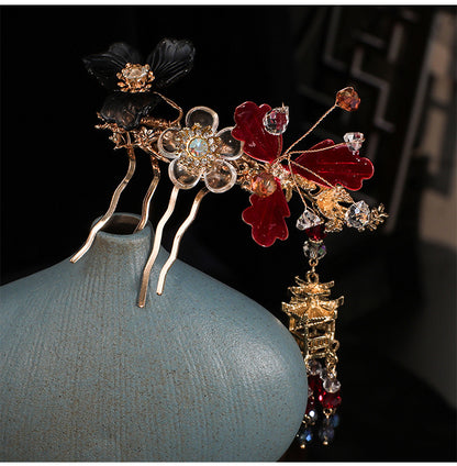 Bridal headwear, Xiuhe clothing, hair accessories, gold red glazed hairpins, fashionable accessories
