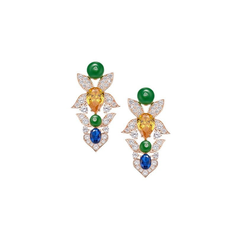 New Secret Garden Earrings Gold Plated with Pear shaped Yellow Diamonds, High Grade Flower Cluster Earrings