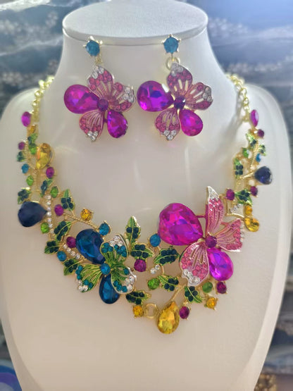 Popular European and American flower necklaces, earring sets, new colorful crystal gemstone evening dress accessories