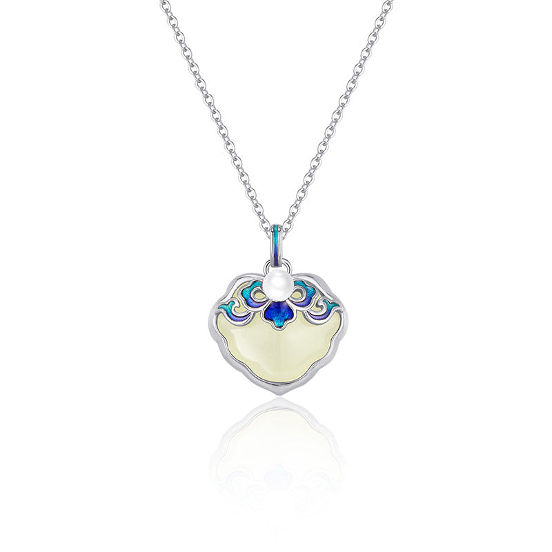 Blue and white porcelain baking varnish wishful item S925 sterling silver natural Hotan Jade pendant advanced clavicle chain
