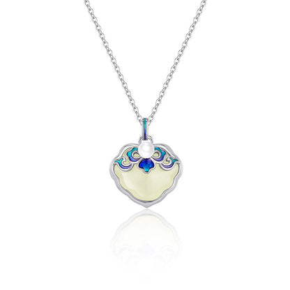Blue and white porcelain baking varnish wishful item S925 sterling silver natural Hotan Jade pendant advanced clavicle chain