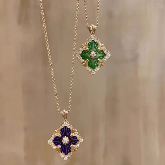 Necklace Opera House Series Four-leaf Clover Palace Retro Brushed Diamond Enamel Pendant