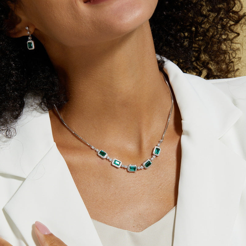 New cultivated emerald collarbone chain S925 silver inlaid colorful treasure full diamond necklace European and American retro style