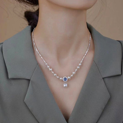 S925 pure silver necklace, aquamarine pendant accessory, natural freshwater pearl collarbone chain