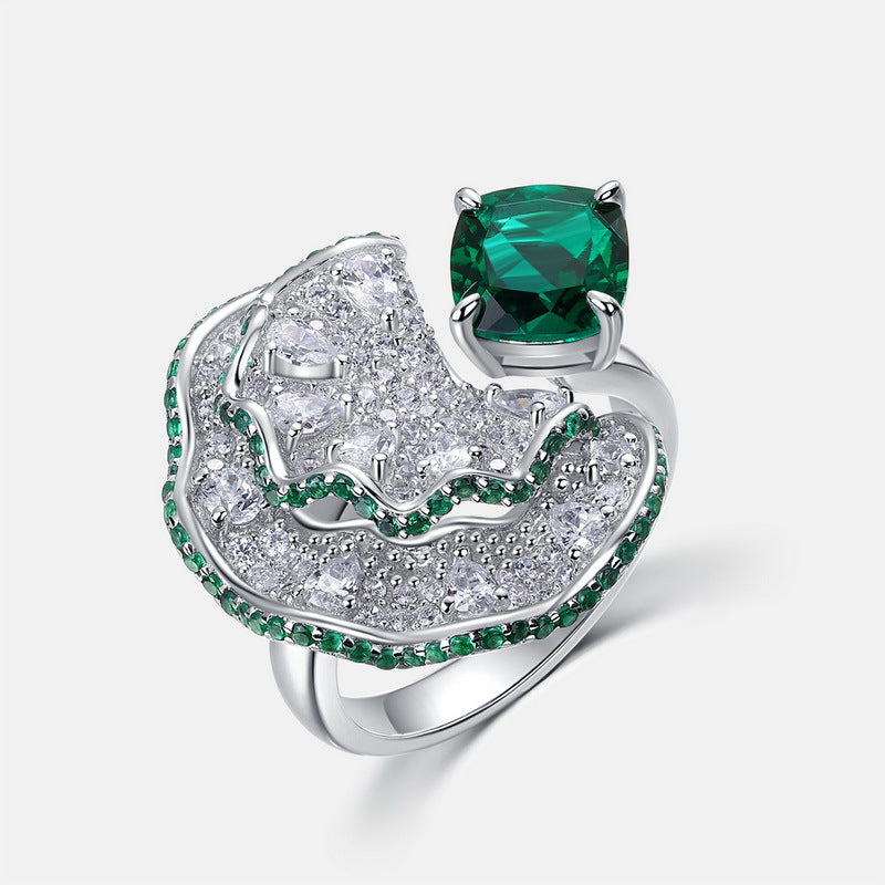 Fan shaped inlaid cultivated emerald ring S925 silver inlaid cultivated colorful treasure opening ring European and American exaggerated