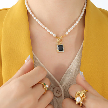 French freshwater pearl collarbone chain zircon starry square pendant necklace versatile titanium steel jewelry