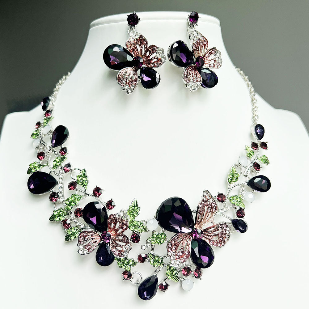 Popular European and American flower necklaces, earring sets, new colorful crystal gemstone evening dress accessories