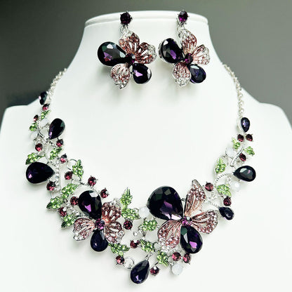 Popular European and American flower necklaces, earring sets, new colorful crystal gemstone evening dress accessories