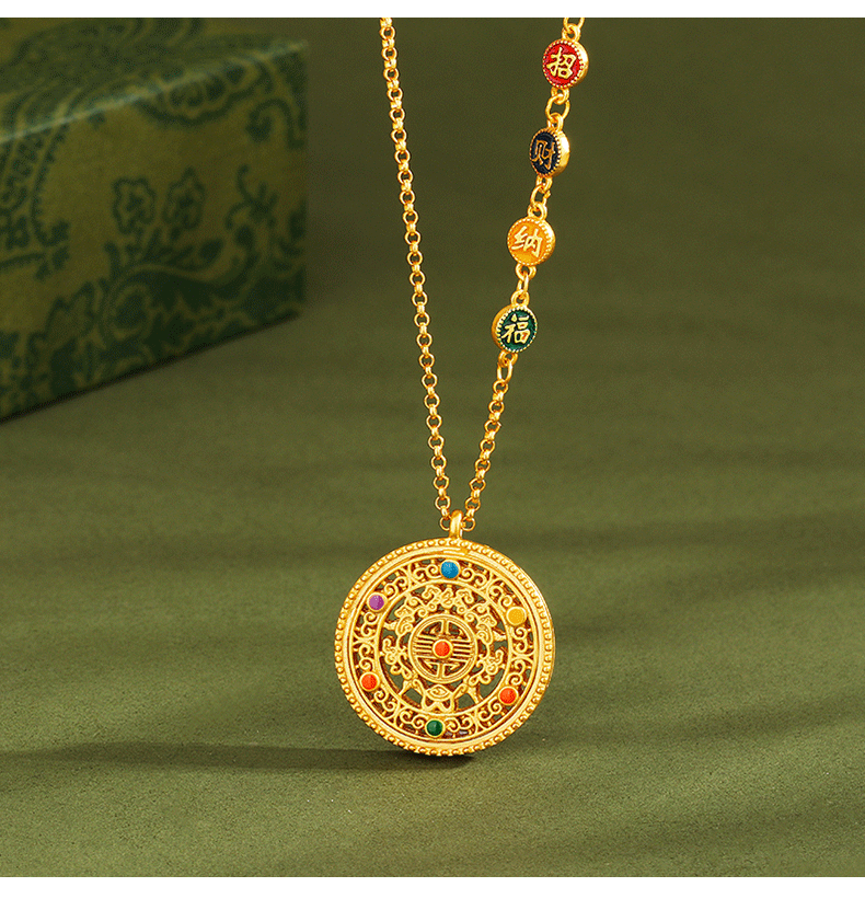 S925 pure silver eight treasure compass pendant, medieval gold flower silk, auspicious enamel, perfect and auspicious eight treasure necklace