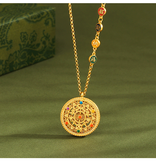 S925 pure silver eight treasure compass pendant, medieval gold flower silk, auspicious enamel, perfect and auspicious eight treasure necklace