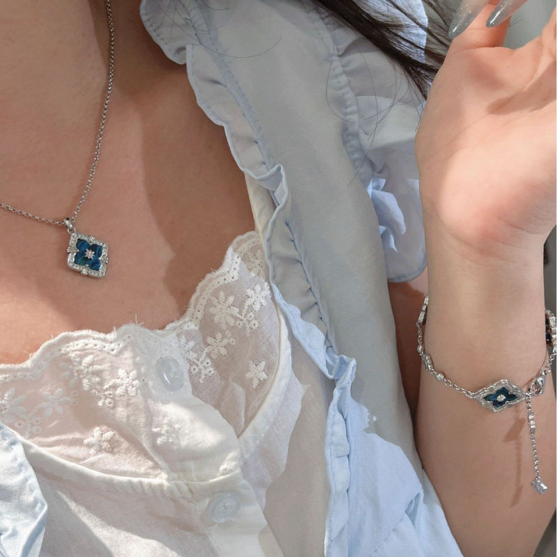 Vintage Italian Buchi Clover Blue Phosphorus Grey Necklace Bracelet Earrings