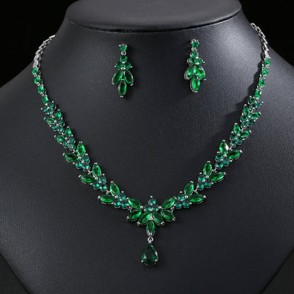 European and American Fashion Zircon Necklace+Earring Set Bridal Dress Banquet Accessories # Women's Holiday Wear