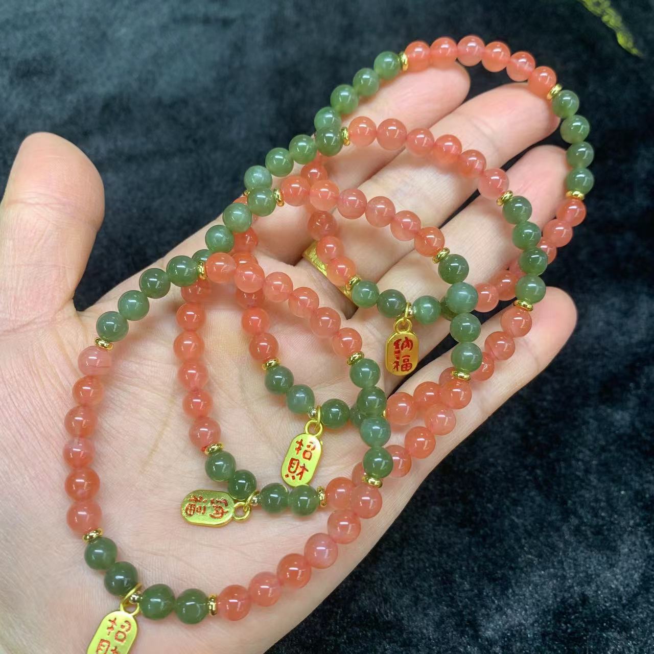 Southern red paired with jade 6mm single circle round bead bracelet for attracting wealth and fortune accessories bracelet
