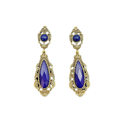 Vintage Heavy Industry Lapis Stone Inlaid with Palace Vintage Style High Quality Texture Water Drop Jewelry Set