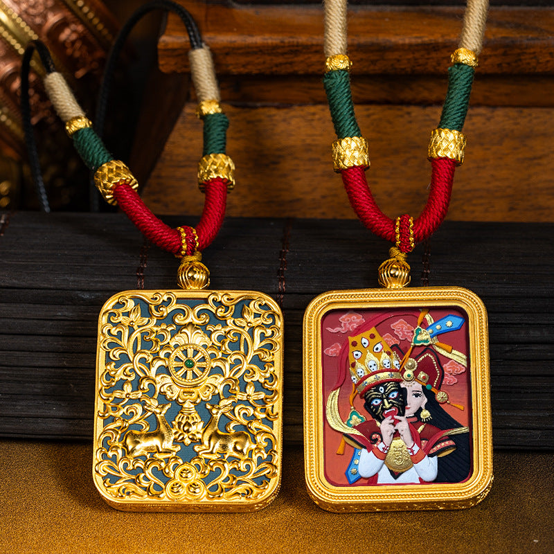 Green Tara Zakhilam Fifth Master's Past and Present Lives Necklace Hand drawn Tangka Brass Necklace