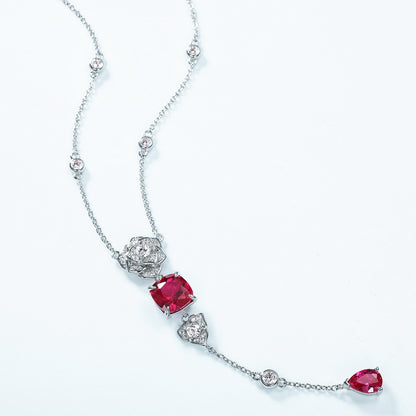 Simulated rose cultivation red treasure long necklace S925 silver inlaid colorful treasure necklace fashionable light luxury