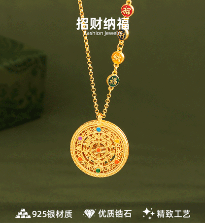S925 pure silver eight treasure compass pendant, medieval gold flower silk, auspicious enamel, perfect and auspicious eight treasure necklace