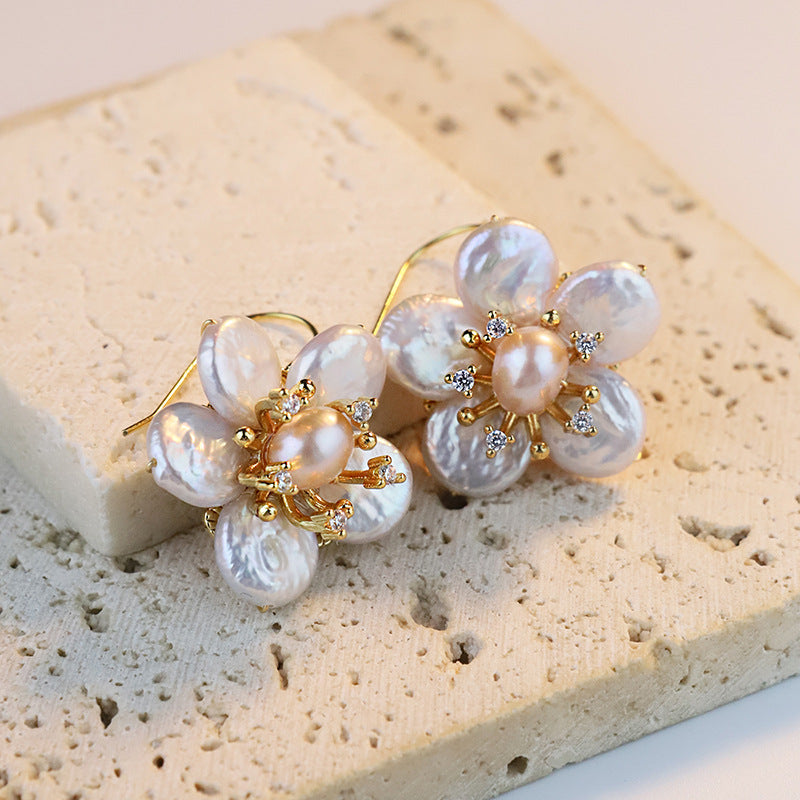 Natural Baroque Pearl Earrings, Simple Style Earrings S925 Silver Needle Flower Earrings