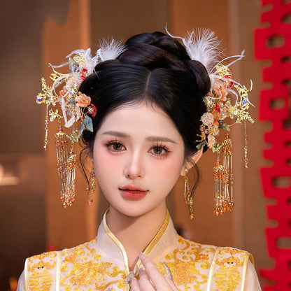 New Chinese style Xiuhe headwear, simple gold hairpin necklace set, hair accessories, fashionable accessories