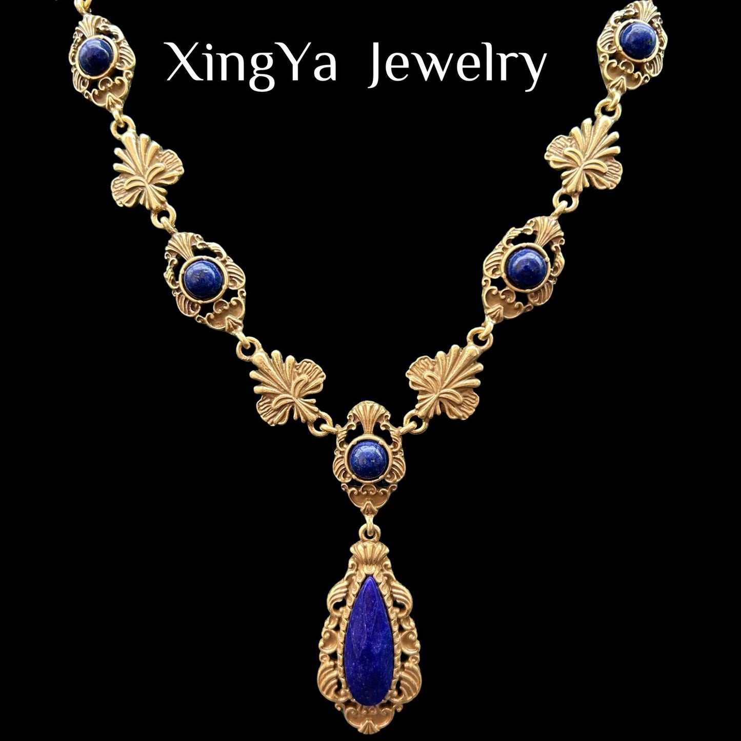 Vintage Heavy Industry Lapis Stone Inlaid with Palace Vintage Style High Quality Texture Water Drop Jewelry Set