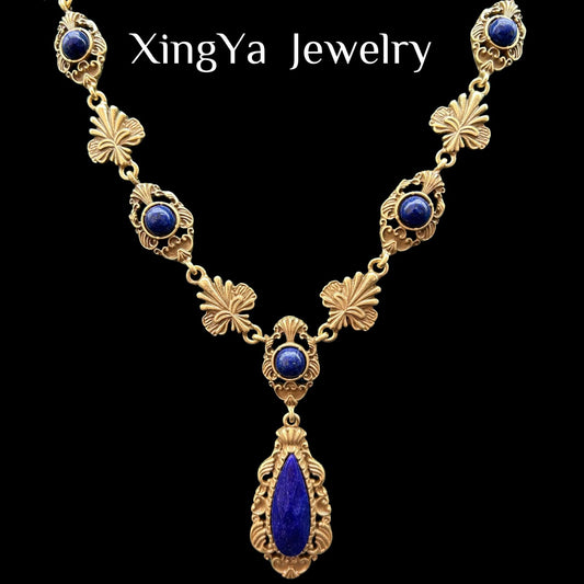 Vintage Heavy Industry Lapis Stone Inlaid with Palace Vintage Style High Quality Texture Water Drop Jewelry Set