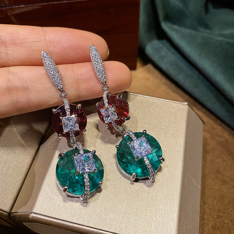 Micro inlaid with two colorful crystals, versatile silver needle earrings