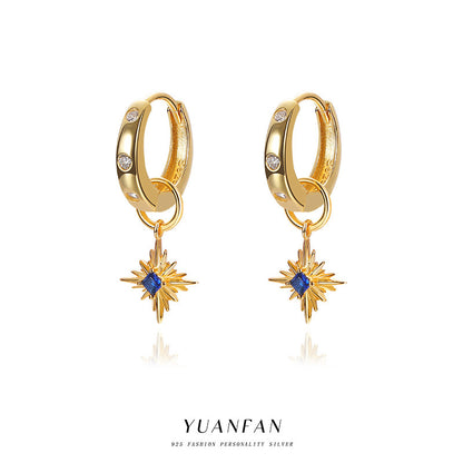 Yuanfan 925 sterling silver fashionable retro sapphire earrings ins European and American star zircon earrings fashion accessories