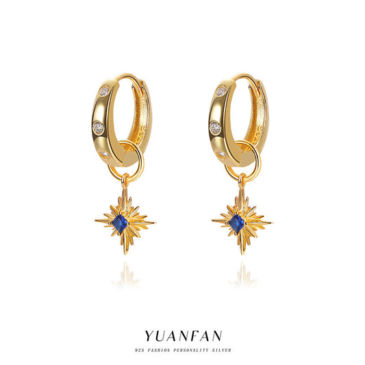 Yuanfan 925 sterling silver fashionable retro sapphire earrings ins European and American star zircon earrings fashion accessories