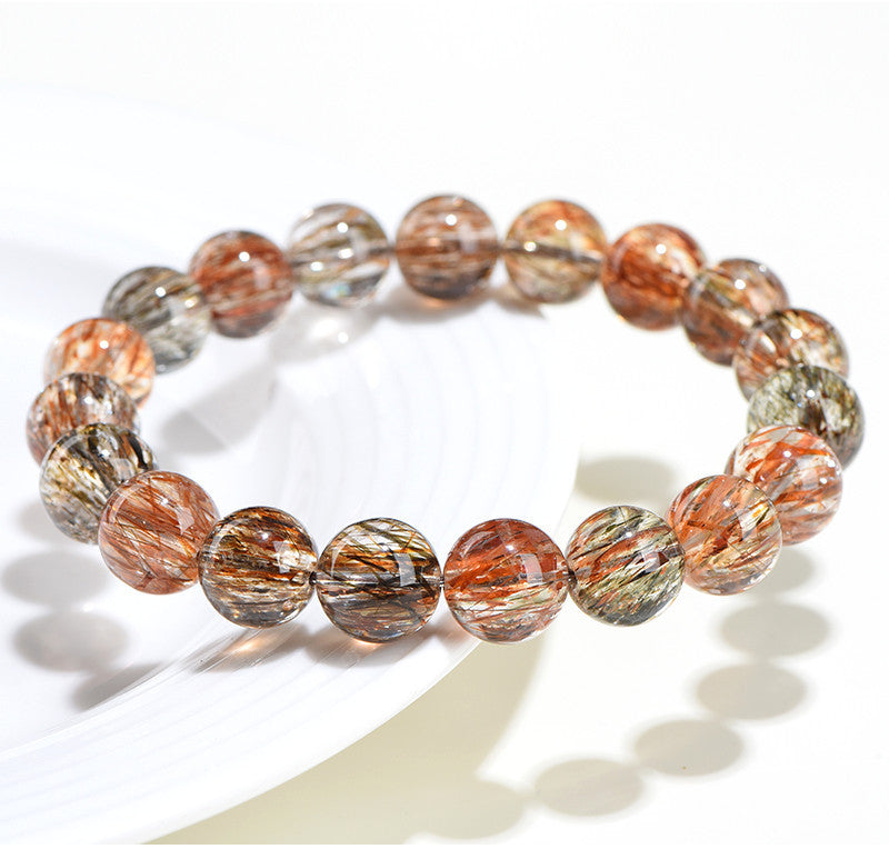 Jiuya Crystal Natural 7A Grade Straight Hair Black Gold Super Seven Round Bead Bracelet