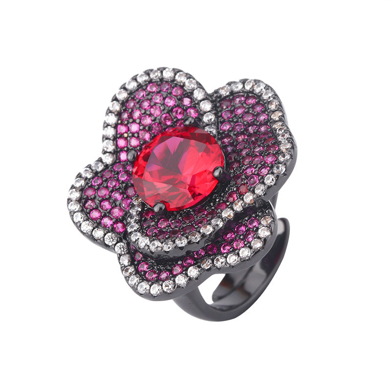 earrings  New jewelry gold-plated copper base simulated red corundum flower black gold set