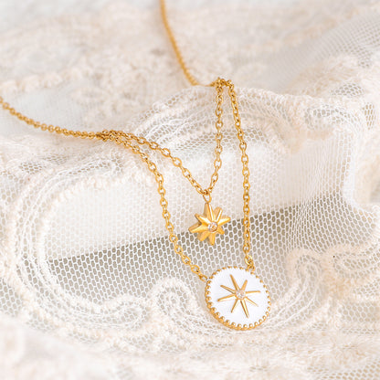 Titanium steel necklace, compass, eight pointed star necklace, Roman retro style, double-layer layered collarbone chain