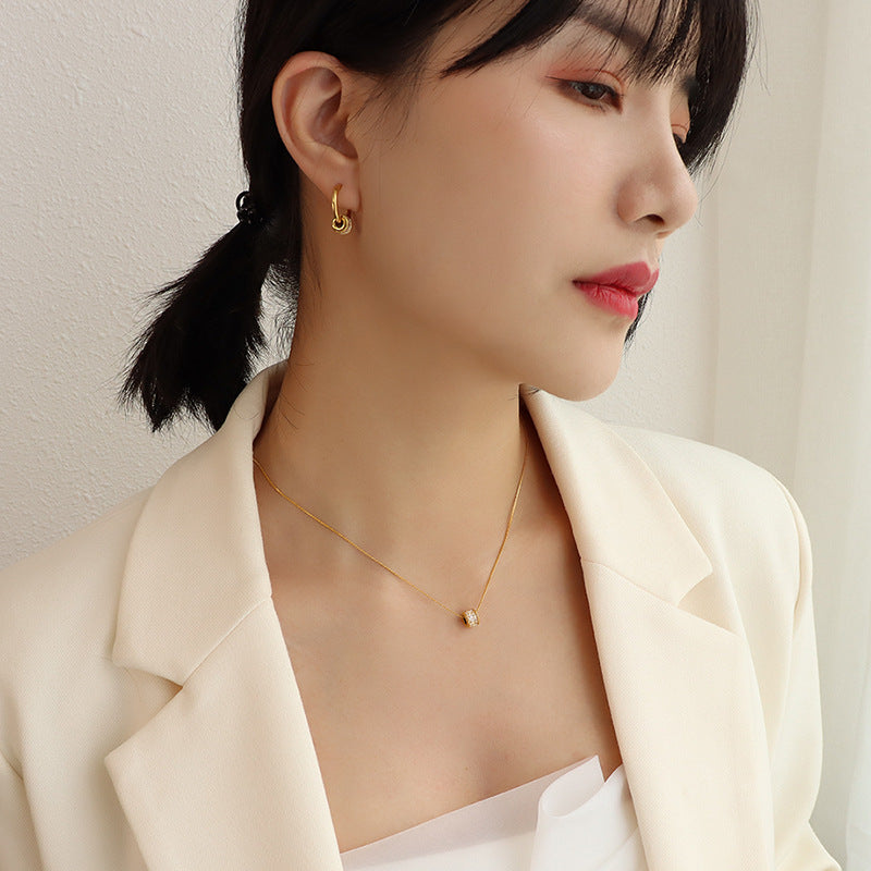 French style diamond studded geometric minimalist earrings titanium steel plated 18K gold versatile necklace set