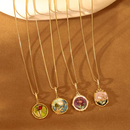 New Monet Garden Natural Pearl Oil Painting Necklace Light Luxury Retro Plated 18K Gold Clothing Chain