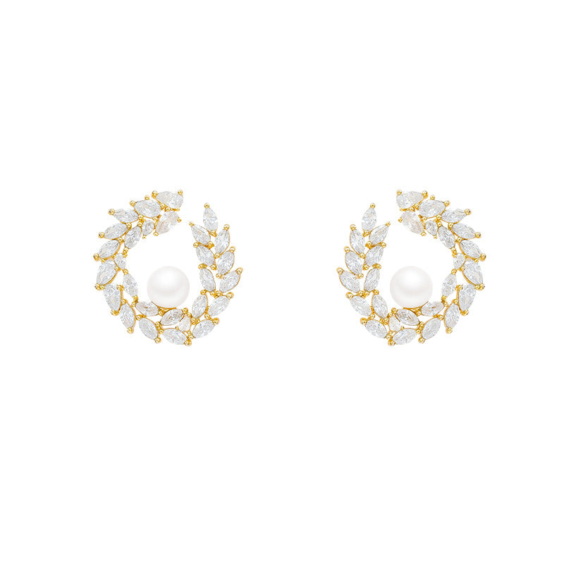 5A grade zircon wheat ear earrings with genuine gold electroplating, female S925 pure silver needle, Shijia pearl earrings, ear accessories