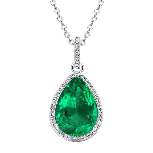 Water droplet emerald necklace for girls with high-end design, collarbone chain S925 pure silver plated with gold pendant