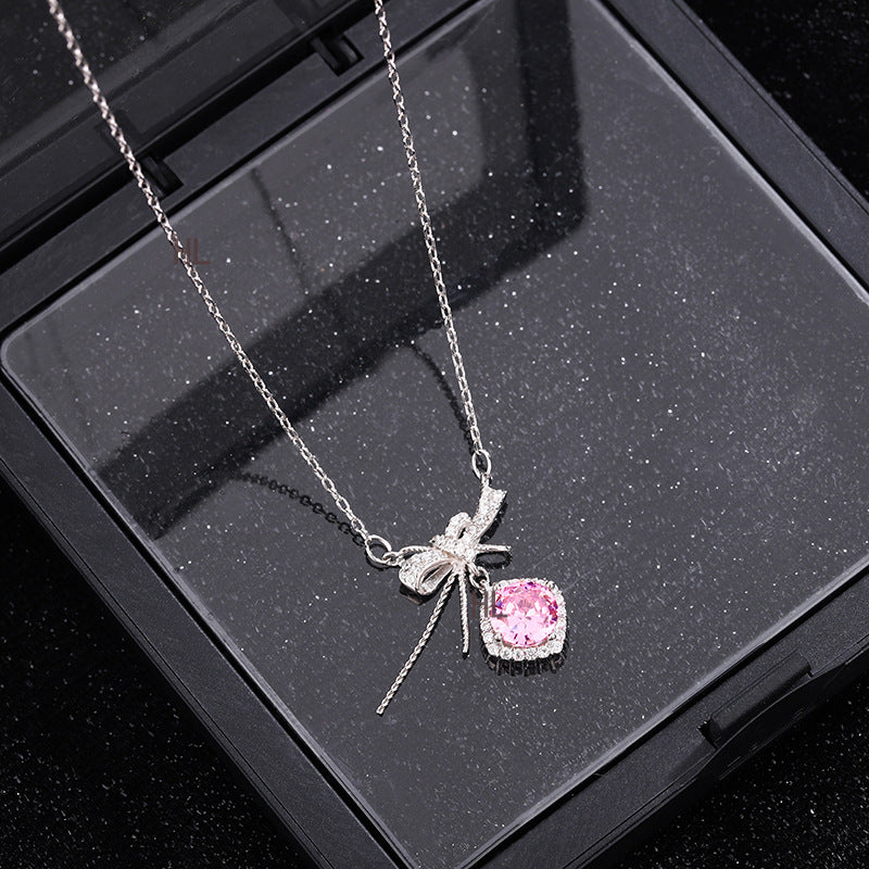 S925 pure silver romantic bow pink zircon necklace exquisite, light luxury, high-end feeling chain