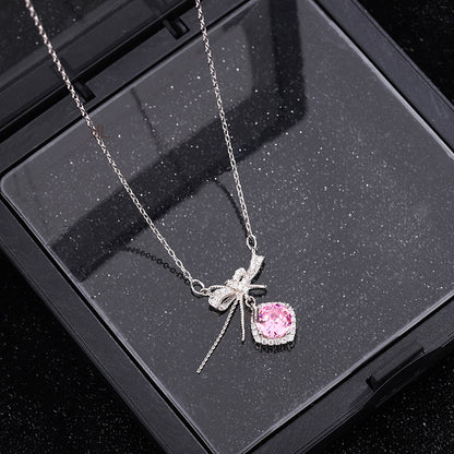 S925 pure silver romantic bow pink zircon necklace exquisite, light luxury, high-end feeling chain